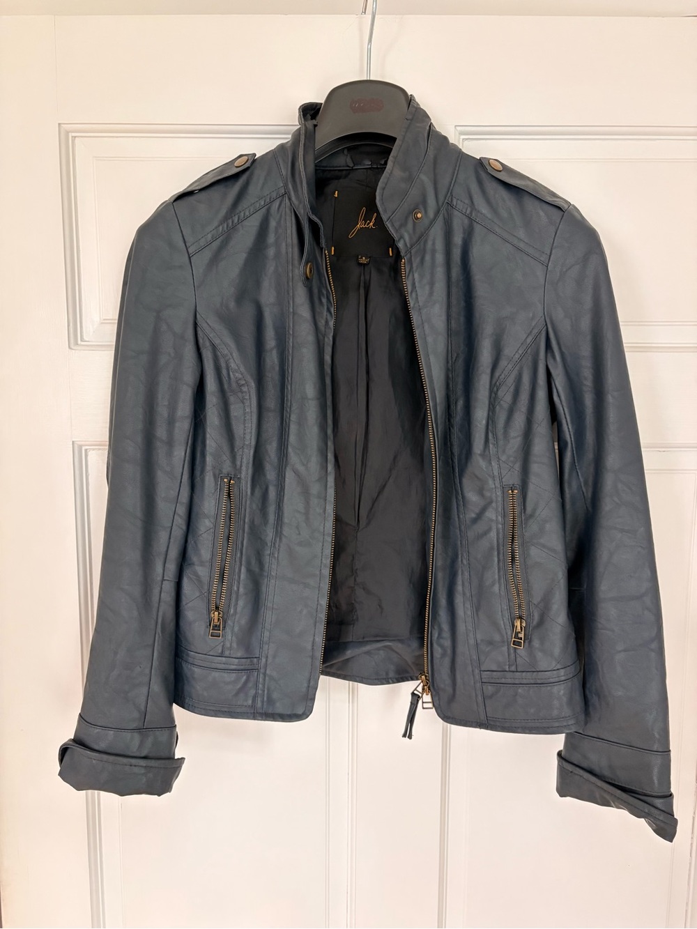 Jack by BB Dakota Slate-Blue Faux Leather Moto Jacket with Epaulets